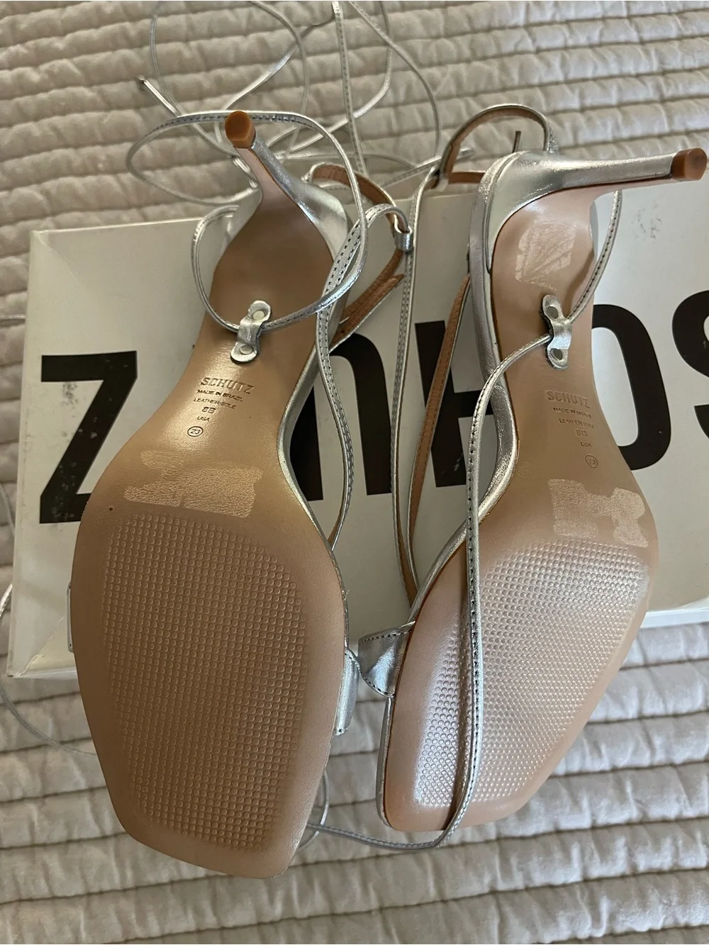 SCHUTZ Silver Leather Metallic Tie Up Heeled Sandals